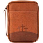 Brown Three Crosses Leather Like Vinyl Bible Cover Case with Handle Medium