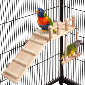 FrgKbTm Bird Perches Platform Swing with Climbing Ladder, Parakeet Cage Accessories Wooden Playing Gyms Exercise Sturdy for Small Birds