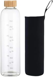 HENGFEI Glass Water Bottle 1 Litre with Time Markings and Measurements, Glass Drink Bottle with Bamboo Lid, Narrow Mouth.