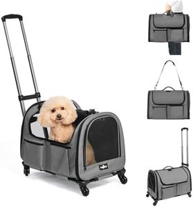 Paw Ballet Large Cat Carrier with Wheels, Foldable Rolling Pet Dog Carrier with Wheels and Big Pocket, Cat Carrier Travel Bag for 2 Cats Dogs Under 30 lbs for Outdoor Vet Visits, Gray