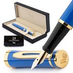 Wordsworth & Black Fountain Pen Set, 18K Gilded Broad Nib, Includes 24 Pack Ink Cartridges, Ink Refill Converter & Gift Box, Gold Finish, Calligraphy, [Imperial Blue], Perfect for Men & Women