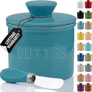 Priority Chef Large Butter Crock with Lid with Water Line, Ceramic French Butter Dish to Leave On Counter, Turquoise