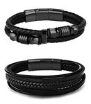 LOLIAS 2 Pcs Leather Wrist Bracelet for Men Stainless Steel Magnetic-Clasp Cool Braided Multi-Layer Cuff Bracelets,Black