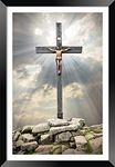 DBrush Lord Jesus Christ Cross Poster Framed Original Glass Religious Synthetic Wood Blessing wall Hanging for Decor Office Wall Art 12x18 Inch Jesus Cross On Rock (Frame Width:- 1 Inch,Black)