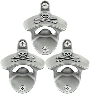 HAIICEN Skull Bottle Opener Wall Mounted, Vintage Silver Pirate Post Mounted Bottle Cap Opener for Cooler (3 PCS)