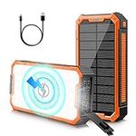 Solar Charger 36800mAh Power Bank with 4 Outputs & Dual Inputs 34 LEDs Flashlight,Qi Wireless Portable Charger 15W Fast Charging External Battery Pack for Cell Phone Tablets (Orange)