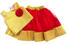 Stanwells Kids Girls lehnga Choli Net Flared Ruffle Pattern Dress Sleeveless Beautiful Ethnic Beautiful Flower Traditional Full Length Girl Readymade Lehenga Choli Set (Red & Yellow)(12-24 Months)