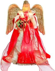 Angel Christmas Tree Topper with Lights, Red & Gold Angel, Lighted Vintage Christmas Tree Topper Decorations Holiday Home Office