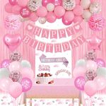 Pink Birthday Decorations, Pink Party Decorations Happy Birthday Banner Pink White Balloons Tablecloth Fringe Curtain Crown Sash Heart Star Foil Balloon for Princess Girl Women Birthday Party Supplies