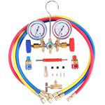 JIFETOR 3 Way AC Manifold Gauge Set, HVAC Diagnostic Freon Charging Tool for Auto Household R12 R22 R404A R134A Refrigerant, Quick Couplers Acme Adapter Valve Core Tool (3FT Hose, Can Tap)