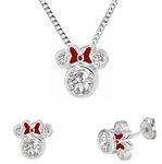 Kaguyo Jewellery Sets for Women Sterling Silver Clear Zirconia Mickey Mouse Pendant Necklace with Red Enamel Bow Minnie Mouse stud Earrings jewellery for women and Girls Birthday Gift (Red Enamel Bow)