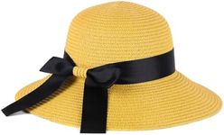 S.ROMZA Sun Straw Hat for Women with Wind Lanyard Wide Brim Foldable Beach Summer Hats Womens UV 50+ Protection Bowknot Cap (Yellow)