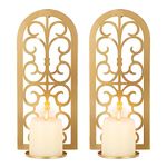 Sziqiqi Metal Candle Sconces Hanging Wall Candle Holders Set of 2, Vintage Wall Mounted Sconces for Tea Light Pillar Candles Wall Art Decor for Living Room Bedroom Fireplace Bathroom, Gold