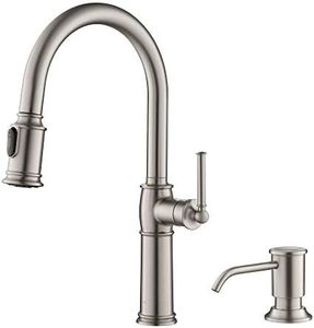 KRAUS Sellette Traditional Spot Free Stainless Steel Single Handle Pull-Down Kitchen Faucet with Deck Plate and Soap Dispenser, KPF-1682SFS-KSD-80SFS