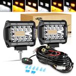 Auxbeam 4 Inch LED Pods 120W Spot LED Pod Light Bar 12000LM LED Driving Fog Light Triple Row Amber White Off Road Lights with 10FT LED Light Bar Wiring Harness Kit-2 Lead for Trucks SUV ATV UTV Jeep