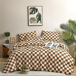 Wellboo Light Brown Plaid Duvet Covers Twin Women Men Cream Coffee and White Checkerboard Grid Bedding Cover Sets Boys Girls Modern Light Taupe Checkered Geometric Quilt Covers Luxury Abstract Bed