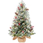 ENVEN 3FT Pre-Lit Artificial Mini Flocked Christmas Tree with 70 LED Lights and Realistic Nordic Spruce with Pine Cones Red Berries Solid Cement Burlap Base Basin