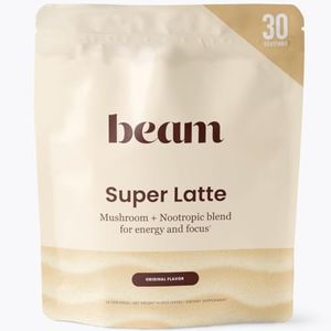 Beam Super Latte, Mushroom Coffee, Coffee Alternative, Instant Coffee with Cordyceps, Lions Mane Powder, Turkey Tail Mushroom, Huperzine A, Phosphatidylserine, Creatine, Natural Caffeine, 30 Servings