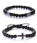 DUEDUE 2Pcs Cross Mens Bracelet 6mm Bead Natural Stone Bracelets for Men Adjustable Elastic Rope Bracelet Jewellery Gift for Husband Boyfriend Dad Son Brother Father's Day Anniversary