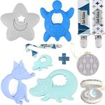 Teething Toys by Dodo Babies Pack of 4 + 2 Pacifier Clips and A Pacifier Case, Premium Quality Animals Teether Pain Relief for Boys and Girls, Chew Toy or Soothie, Baby Shower Gift Set