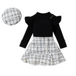 Miipat Toddler Girls Fall Winter Clothes Knit Button Tops Plaid Tweed Skirts Ruffle Pleated Skirt 3Pcs Long Sleeve Outfits(BlackWhiteTweed,2-3T)