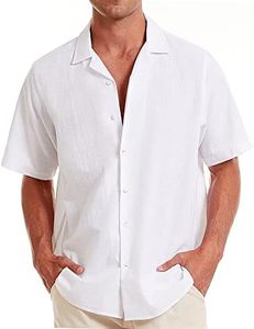 Alimens & Gentle Mens Line Shirt Regular Fit Short Sleeve Hawaiian Button Down Shirt, Linen-new White, Small