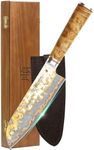 YOUSUNLONG Santoku Knife 7" - Japanese Handmade Copper Damascus Steel Asian Knife - Ultra Sharp - Naturel Burl Wooden Handle with Acacia Wood Box and Leather
