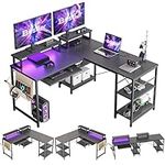 Bestier L Shaped Gaming Desk with Led Light 95.2 Inch Computer Corner Desk or 2 Person Long Table with Shelves Monitor Stand and Keyboard Tray for Home Office, Black Carbon Fiber