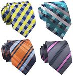 Elfeves Men's 4 Pack Tartan Tie White Silver Jacquard Woven Silk Tie Formal Wedding Necktie for Men Teal Silver, Yellow Blue, Blue Navy, Gray Pink