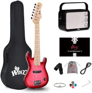 WINZZ 30 Inch Kids Electric Guitar Kit, Beginner Mini Electric Guitar with Amp, Case, Extra Strings, Picks, Strap, Cable and Wrench, Gradient Pink