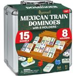 Queensell Mexican Train Dominoes Set Double 15 with 8 Holders - Wooden Hub and Stone Holder - Double 15 with Dots (D15 + 8 Holders)