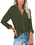 Diosun Womens Button Down V Neck Shirts Long Sleeve Office Casual Business Plain Blouses Tops X-Large Army Green