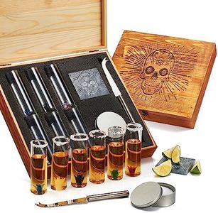 Tequila Gift Box Shot Glass & Salt Gift Set for Men & Women | Six Agave Shot Glasses, Knife For Limes, One Skull Coaster, One Salt Tin | Skeleton Sugar Skull Wooden Box Wood Package For Tequila Lovers