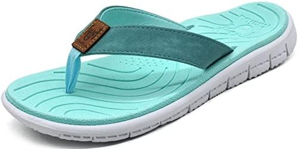 KuaiLu Women's Arch Support Flip Flops Ladies Comfortable Cushion Summer Beach Slip on Thong Sandals Open Toe Comfort Non-Slip Casual Leather Sandles Lake Blue Size 10