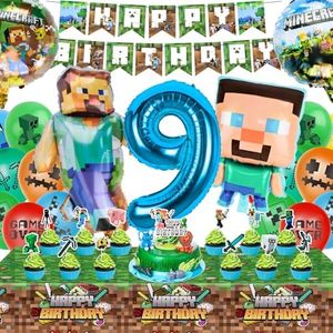 Balloons Birthday Children, Mine-Craft Birthday Decoration 9 Years Boy Girl Mine-Craft Game Theme Party Accessory Set Includes Happy Birthday Banner Balloons Tablecloth Party Decoration Set