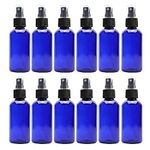 Cornucopia Brands 4oz Cobalt Blue Plastic PET Boston Round Fine Mist Spray Bottles (12-Pack w/Black Sprayers); Labels Included