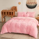 MEGO Luxury Shaggy Faux Fur Duvet Cover Set, Soft 3 Pieces Fluffy Comforter Cover Set, Fuzzy Bedding Set for Bedroom Guest Room(1 Plush Furry Duvet Cover + 2 Pillowcases), Zipper Closure(Queen, Pink)