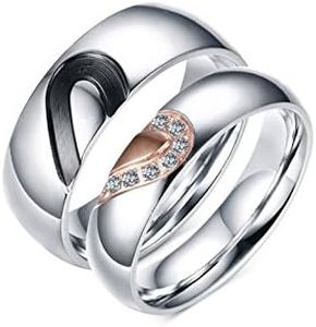 ANAZOZ Anillos Parejas Anillo Corazón Circonita Blanco Anillo Plata Negro Oro Rosa AnilloMujer Talla 9,5 & Hombre Talla 20