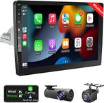 Single Din Touchscreen Car Stereo Wireless CarPlay Wireless Android Auto,10 Inch Detachable QLED Car Radio Android Audio Receiver with GPS Navigation Bluetooth WiFi Backup Camera Front Dash Cam