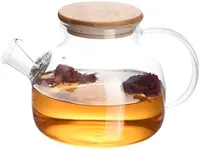 REGAL TRUNK Glass Teapot with Wooden Lid - Borosilicate Glass Teapot with Removable Infuser - Transparent Tea Pots for Stove Top - Versatile Kettle for Brewing Hot or Cold Tea - 7.4''x5'' -Transparent