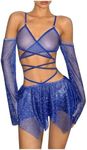 OYOANGLE Women's 2 Piece Mesh Sheer Criss Cross Crop Top and Asymmetrical Mini Skirt Party Rave Outfits Blue XX-Small