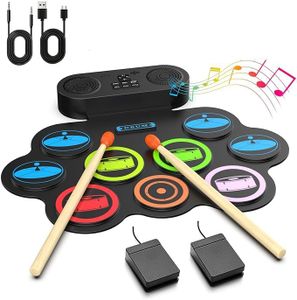 9-Pad Electric Drum Set, Roll-up Practice Electric Drum Kit for Kids with Headphone Jack, Built-in Speaker, Drum Pedals, and Sticks, Portable Electronic Drum Pad for Children & Adult Beginners