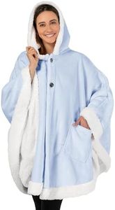 PAVILIA Sherpa Fleece Wearable Blanket for Adult Women, Cozy Plush Blanket Poncho Cape with Hood, Super Soft Shawl, Angel Wrap Throw for Office, Light Blue