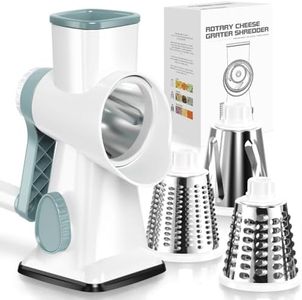 KEOUKE Rotary Cheese Grater with Handle Vegetable Cheese Shredder Slicer Grater for Kitchen 3 Changeable Blades for Cheese Potato Zucchini Nuts Chocolate - WhiteBlue