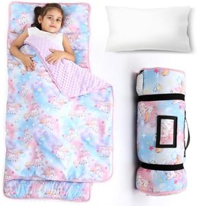 COSMOPLUS Toddler Nap Mat for Daycare: Kids Sleeping Bag with Pillow and Blanket Set for Preschool Kindergarten Boys Girls Travel Naptime Extra Long Thick Padded Easy Roll up, Unicorn