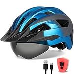 FUNWICT Adult Bike Helmet with Visor and Goggles for Men Women Mountain Road Bicycle Helmet Rechargeable Rear Light Cycling Helmet (L: 57-61 cm (22.4-24 inches), Bluegrey)