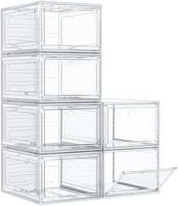 【Thicken & Sturdy】Clear Shoe Storage Organizer with Magnetic Door, Stackable Boxes for Closet, Foldable Space-Saving Shoe Rack for Sneaker Boot Container, Plastic Shoe Box 6 Pack, White