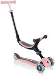 Globber Go Up Foldable 3 Wheel Folding Scooter and Ride On with Light Up Wheels - 15 Months to 7 Years, Kids Toddler Scooter for Boys and Girls with removable seat 2 Year Warranty (Pastel Pink)