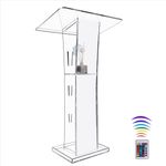 Vakiorn Acrylic Clear Podium Stand, 43” Pulpit for Churches with 15 Colors Adjustable, Modern Lectern with Storage Shelf for Classroom, Conference, wedding and more