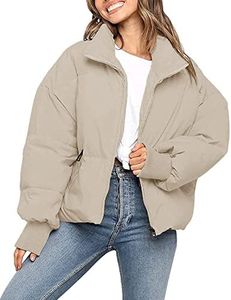 MEROKEETY Women's 2024 Winter Long Sleeve Zip Puffer Jacket Baggy Short Down Coats, Beige, S